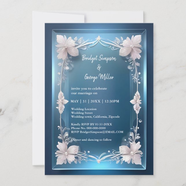 blue art deco ornate frame wedding invite (Front)