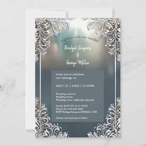 blue art deco ornate frame wedding invite