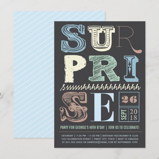 Blue Art Deco Surprise Party Adult Birthday Invite (Front/Back)