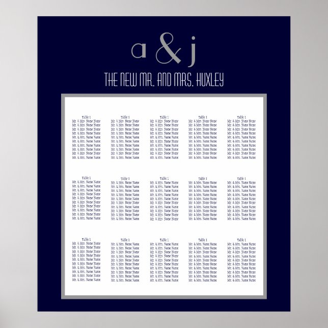 Blue Art Deco Wedding Seating Chart 150 (Front)