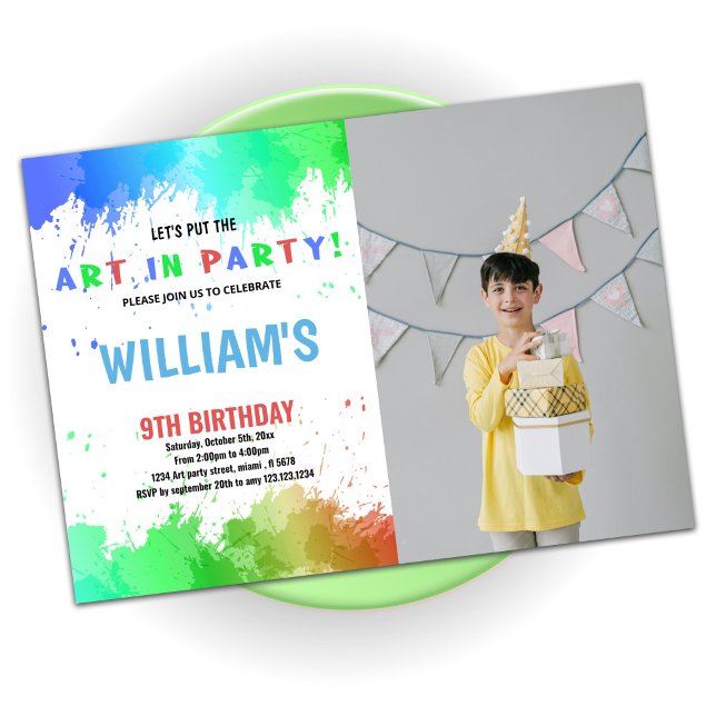 Blue Art in Party Paint Birthday Invitations Photo (Creator Uploaded)
