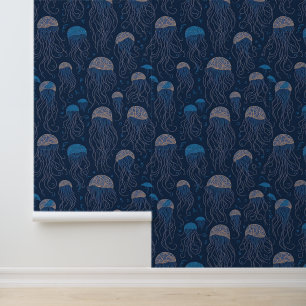 Blue Art Nouveau Jellyfish Sea Life Pattern Wallpaper