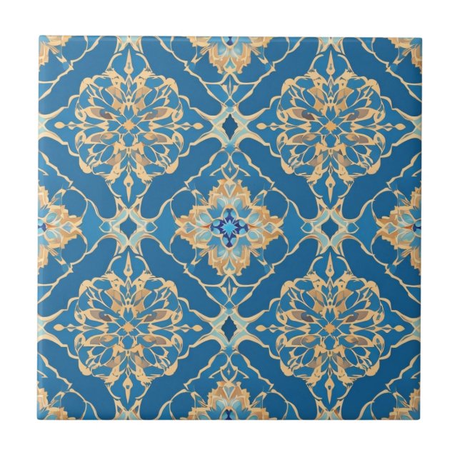Blue Art Nouveau Moroccan Ethnic  Ceramic Tile (Front)