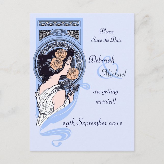 Blue art nouveau Save the Date postcard (Front)
