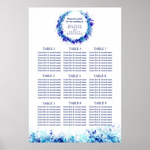 Blue art wedding seating table planner 1_9 tables poster