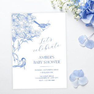 Blue artistic botanical bird baby shower invitation