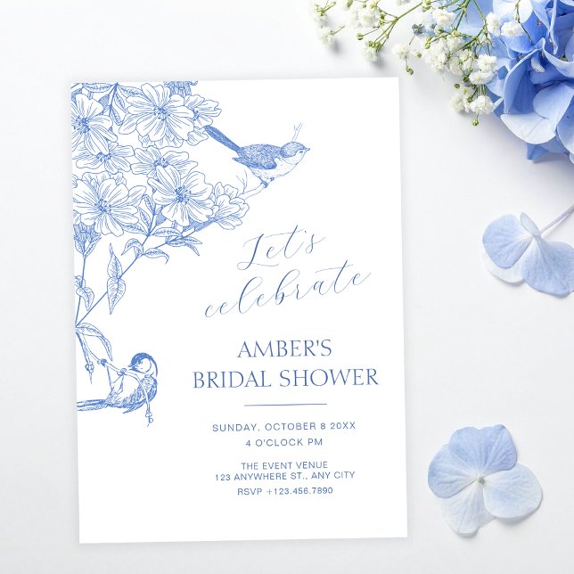 Blue artistic botanical bird bridal shower invitation (Creator Uploaded)