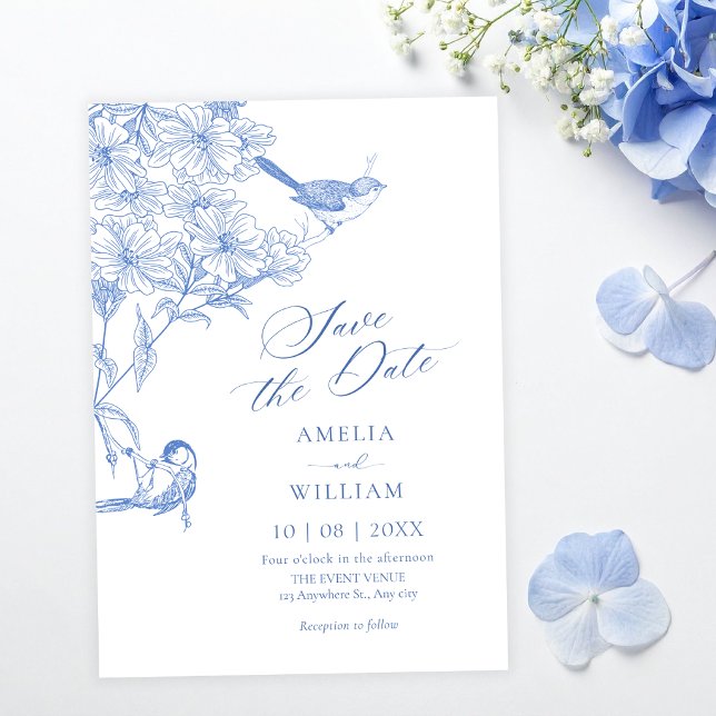 Blue artistic botanical bird  save the date (Creator Uploaded)