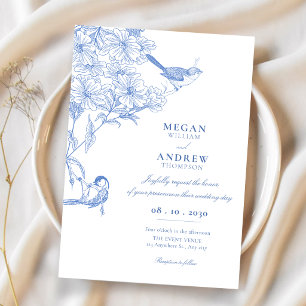 Blue artistic botanical bird wedding invitation