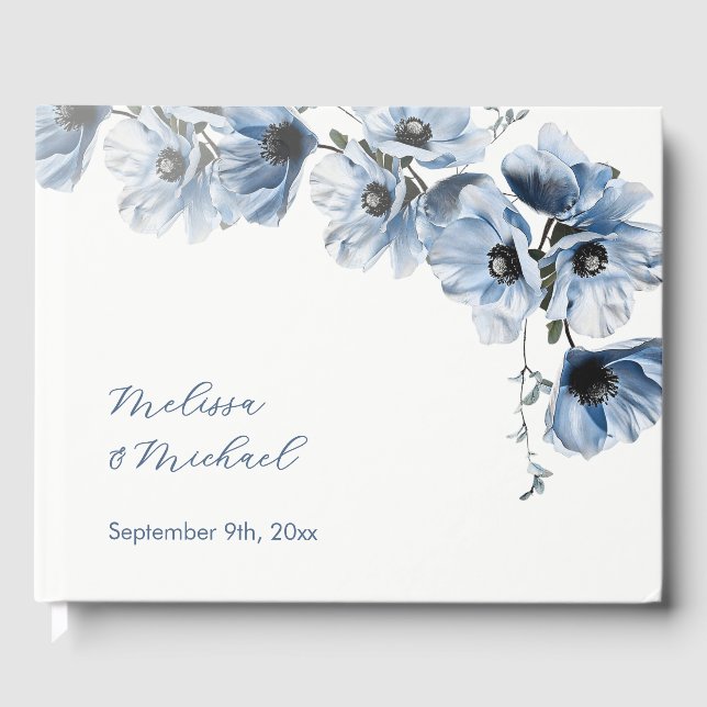 Blue Artistic Floral Wedding Guest Book (Front)