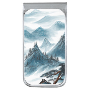 Blue Artistic Mountain Pine Painting Chinoiserie Silver Finish Money Clip