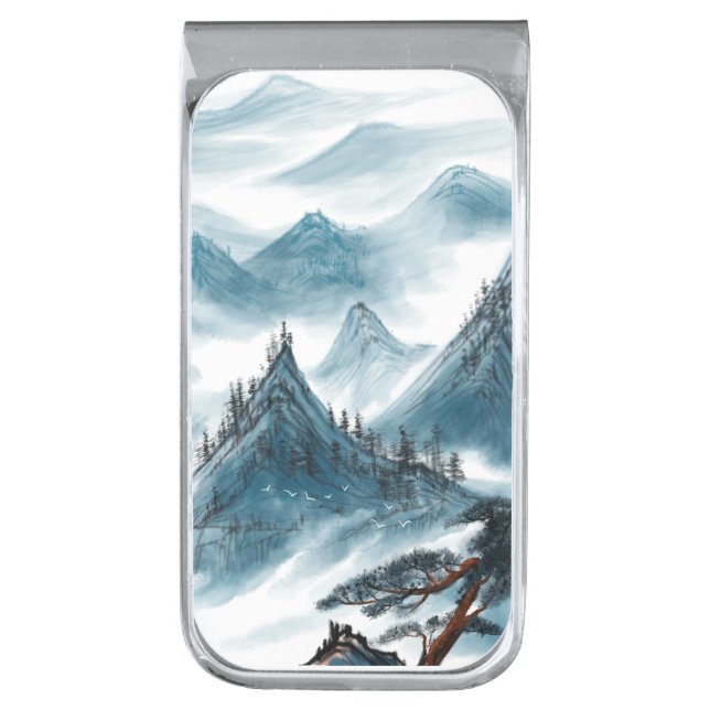 Blue Artistic Mountain Pine Painting Chinoiserie Silver Finish Money Clip (Front Vertical)
