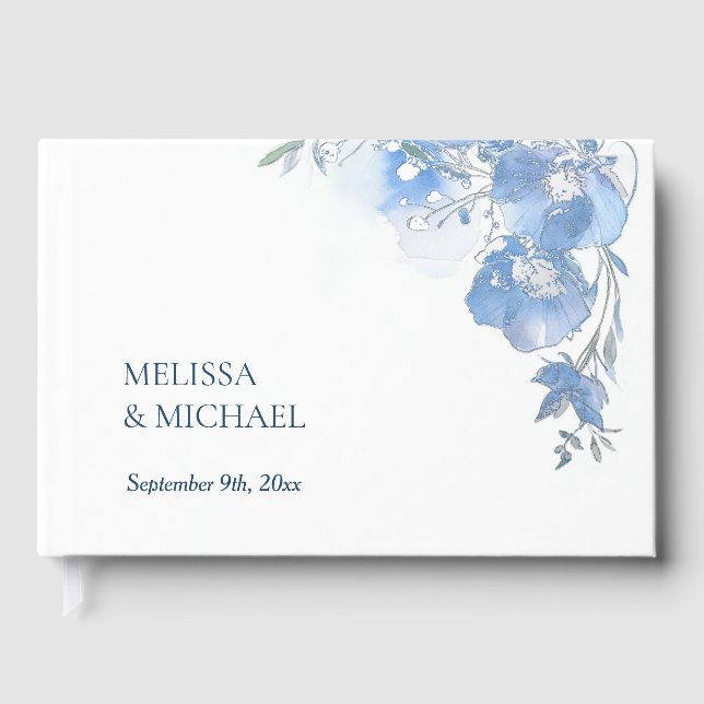 Blue Artistic Watercolor Floral Wedding Foil Guest Book (Front)