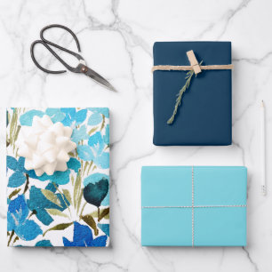 Blue Artistic Wildflowers Watercolor Pattern Wrapping Paper Sheets