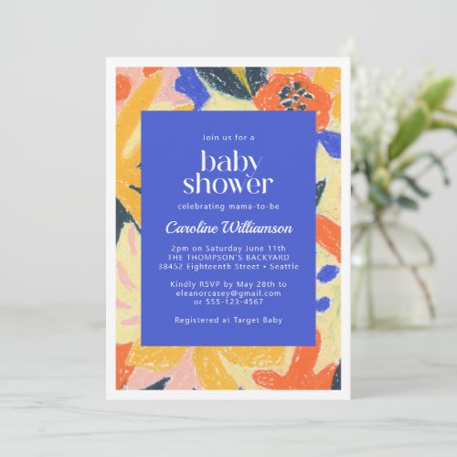 Blue Artsy Abstract Botanical Cute Baby Shower Invitation