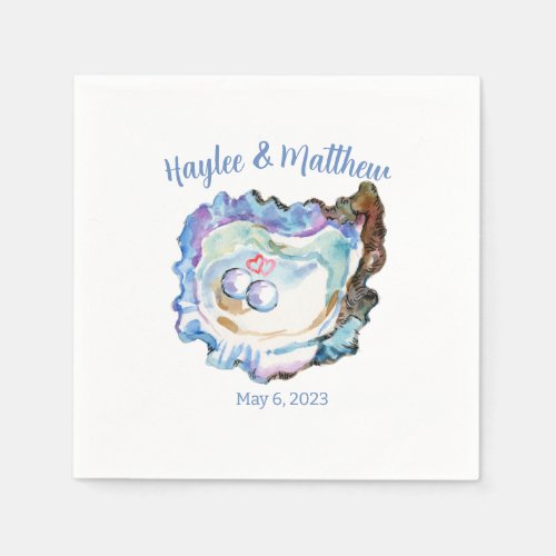 Blue Artsy Oyster Pearls Heart White Paper Napkin