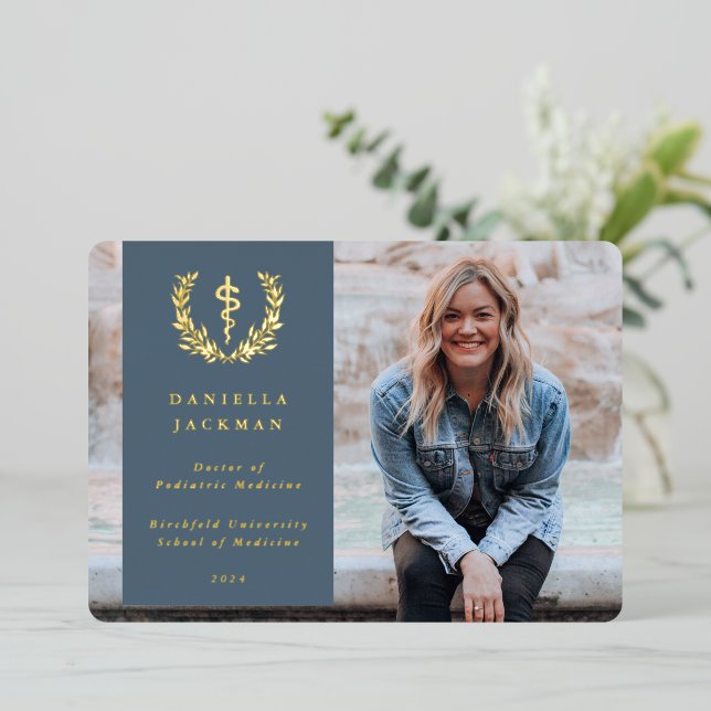 Blue Asclepius Medical Graduation Announcement (Standing Front)