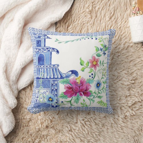 Blue Asian Influence Chinoiserie Floral Pagoda Throw Pillow