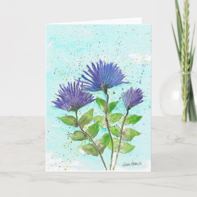 Blue Asters, Floral Watercolor Art Card (Front)