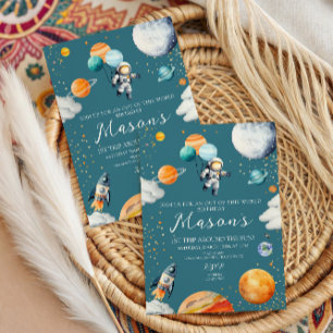 Blue Astronaut Balloon Planets 1st Trip Around Invitation