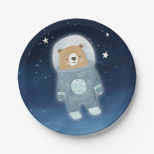 Blue Astronaut Bear Space Baby Shower Paper Plates