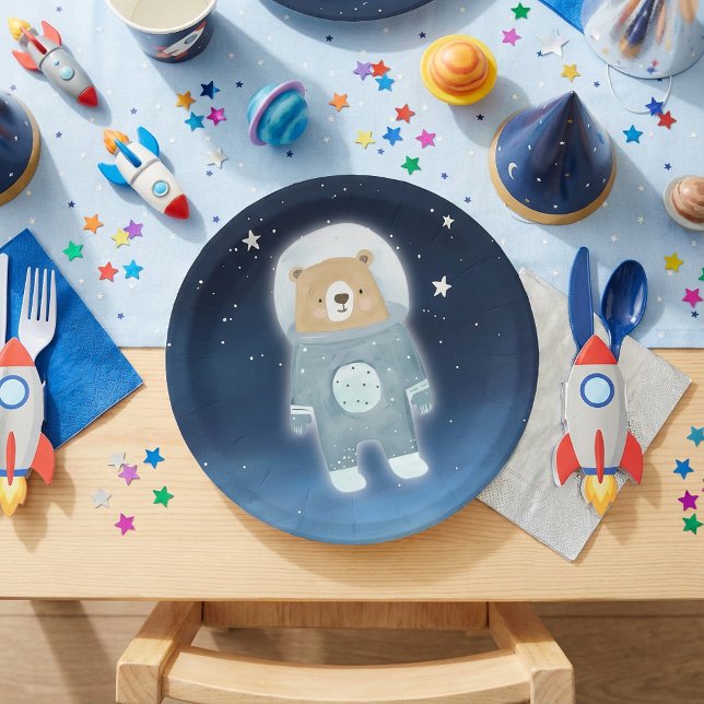 Blue Astronaut Bear Space Baby Shower Paper Plates (Blue Astronaut Bear Space Baby Shower Paper Plates.)
