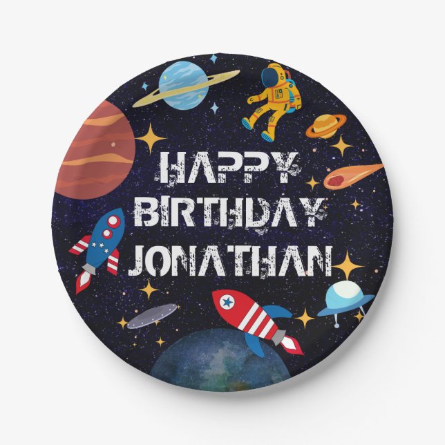 Blue Astronaut Birthday Planets Name Paper Plates (Front)