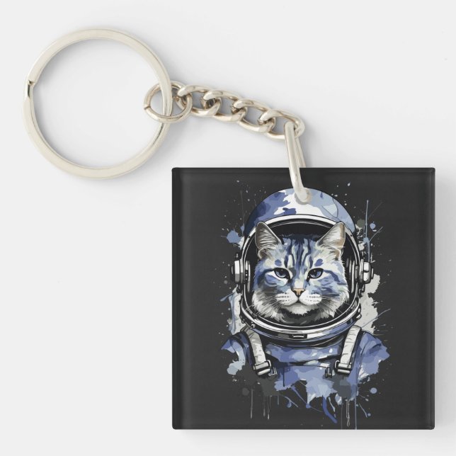 Blue Astronaut Cat Splash Design Keychain (Front)