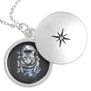 Blue Astronaut Cat Splash Design Locket Necklace
