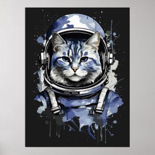 Blue Astronaut Cat Splash Design Poster