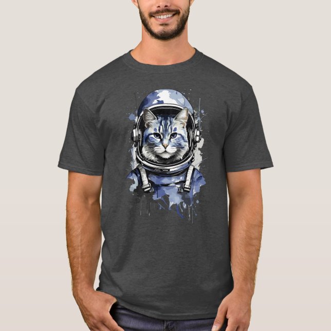 Blue Astronaut Cat Splash Design T-Shirt (Front)