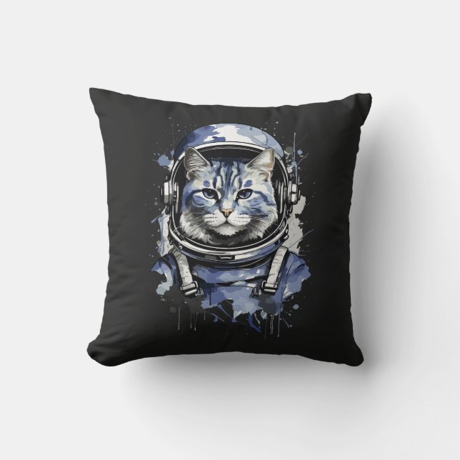 Blue Astronaut Cat Splash Design Throw Pillow (Front)