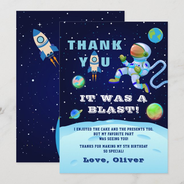 Blue Astronaut Earth Outer Space Birthday Thank You Card (Front/Back)