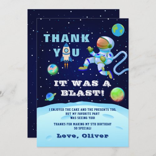 Blue Astronaut Earth Outer Space Birthday Thank You Card