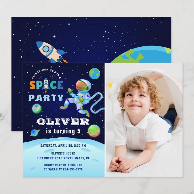 Blue Astronaut Galaxy Outer Space Birthday Photo Invitation (Front/Back)