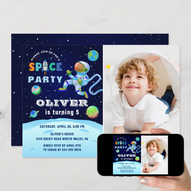 Blue Astronaut Galaxy Outer Space Birthday Photo Invitation | Zazzle