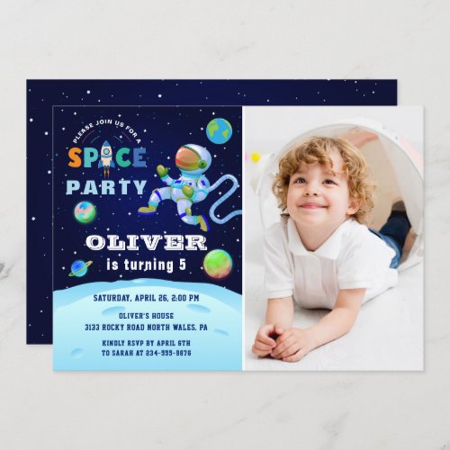 Blue Astronaut Galaxy Outer Space Birthday Photo Invitation