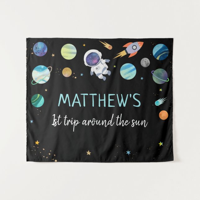 Blue Astronaut Outer Space Birthday Backdrop (Front (Horizontal))