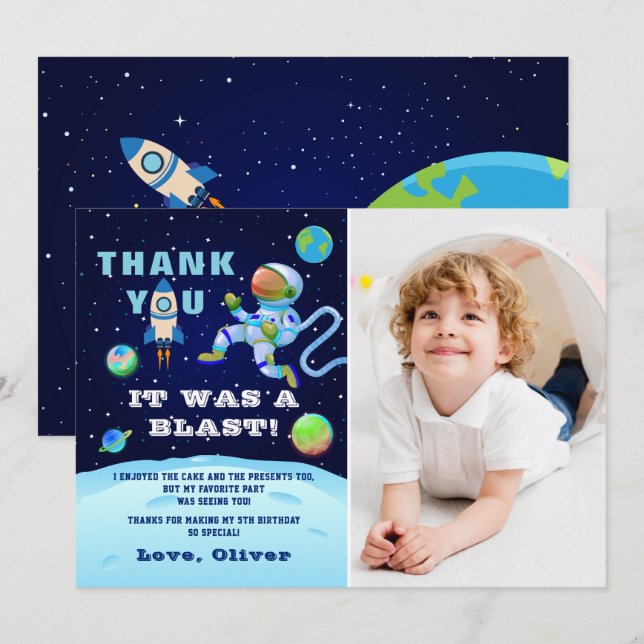 Blue Astronaut Outer Space Birthday Photo Thank You Card (Front/Back)