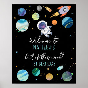 Blue Astronaut Outer Space Birthday Welcome Poster