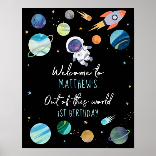 Blue Astronaut Outer Space Birthday Welcome Poster