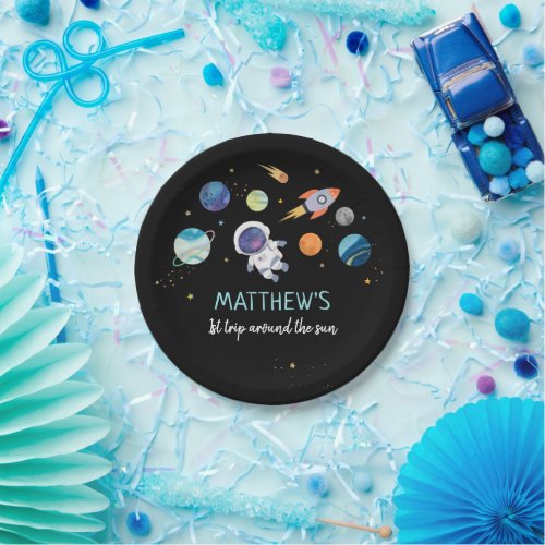 Blue Astronaut Outer Space First Birthday Paper Plates