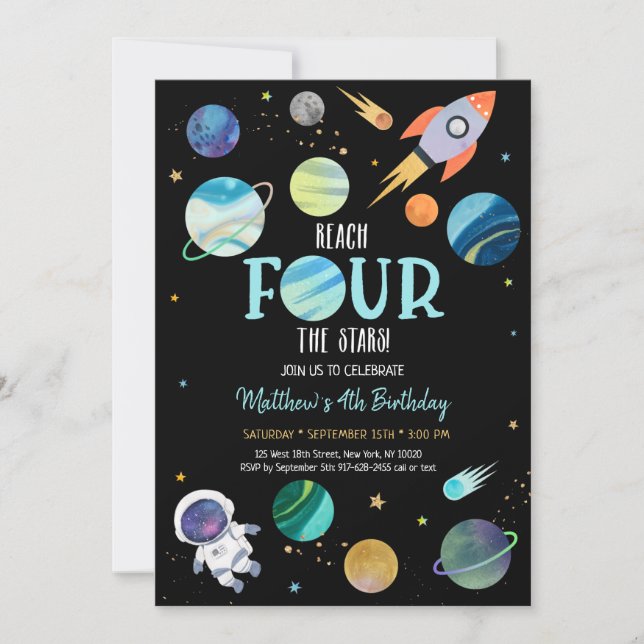 Blue Astronaut Outer Space Fourth Birthday Invitation (Front)
