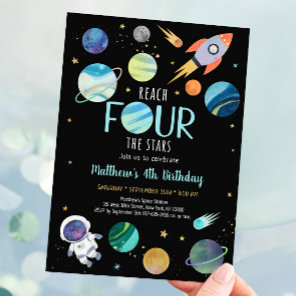 Blue Astronaut Outer Space Fourth Birthday Invitation