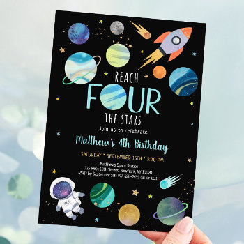 Blue Astronaut Outer Space Fourth Birthday Invitation by LittlePrintsParties at Zazzle