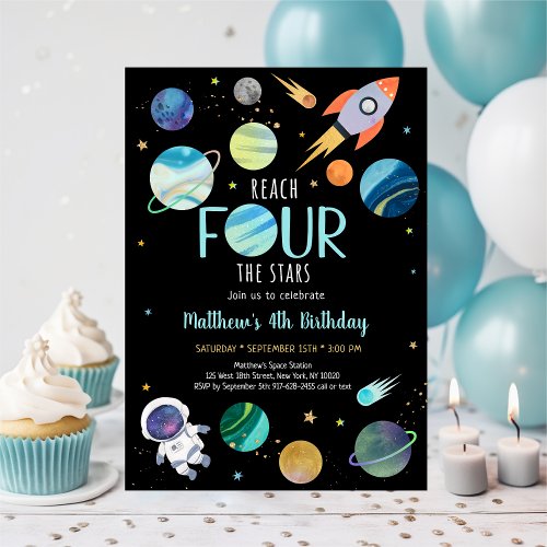 Blue Astronaut Outer Space Fourth Birthday Invitation