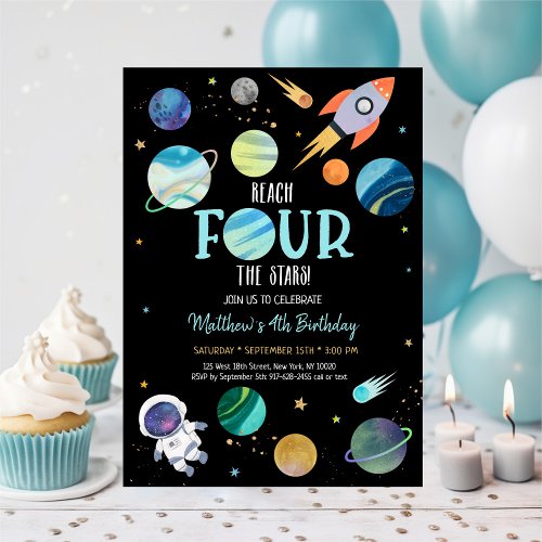 Blue Astronaut Outer Space Fourth Birthday Invitation