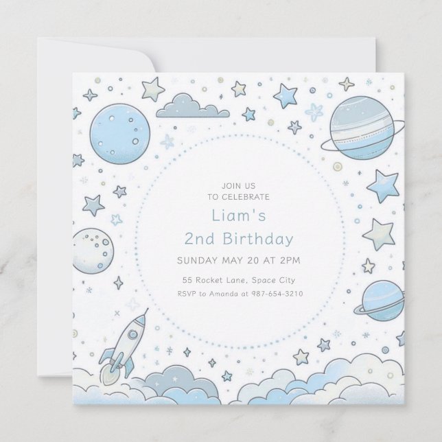 Blue Astronaut Outer Space Rocket Kids Birthday Invitation (Front)
