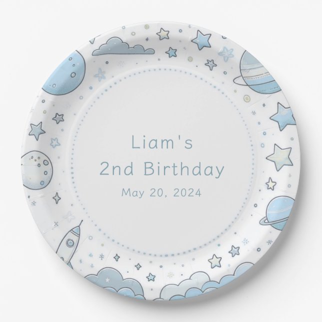 Blue Astronaut Outer Space Rocket Kids Birthday Paper Plates (Front)