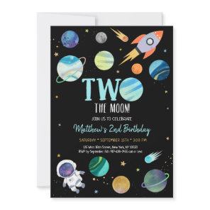 Blue Astronaut Outer Space Two The Moon Birthday Invitation